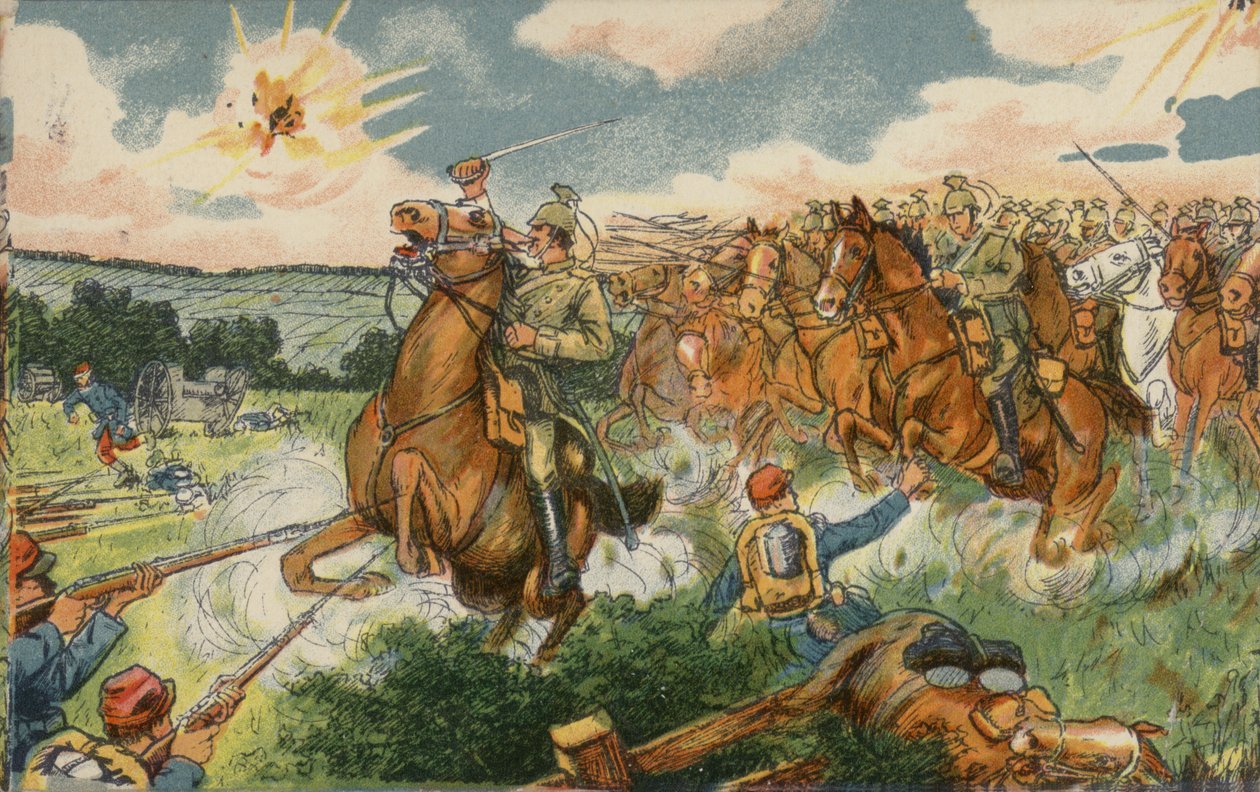 Cavalaria alemã sob o comando do príncipe herdeiro Wilhelm atacando as tropas francesas perto de Longwy, França, Primeira Guerra Mundial de German School
