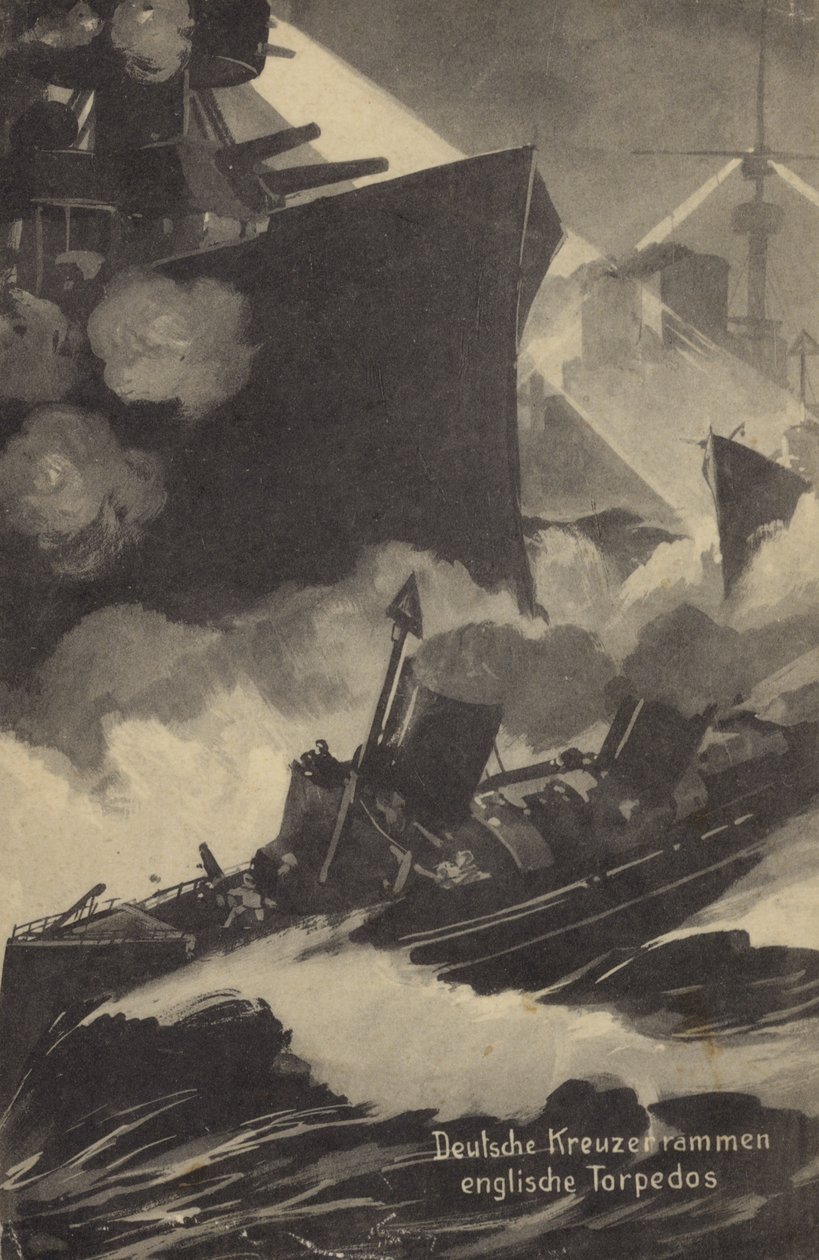 Cruzador alemão abalroando um torpedeiro britânico, Primeira Guerra Mundial (litografia) de German School