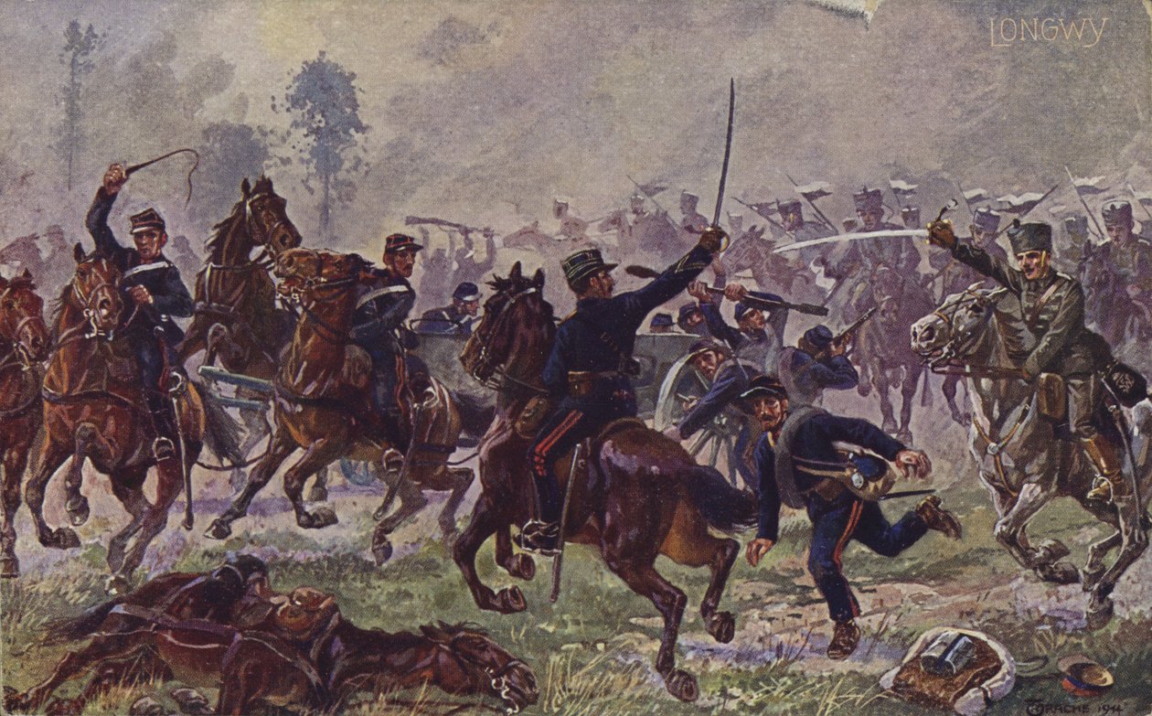 Hussardos alemães capturando canhões franceses em Longwy, Primeira Guerra Mundial, 22 de agosto de 1914 (litografia a cores) de German School