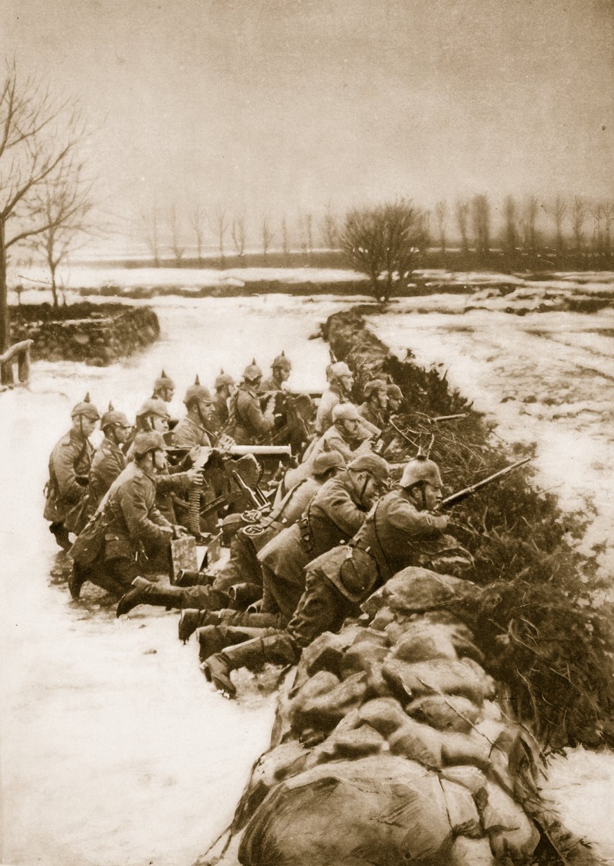 Seção de metralhadora alemã segurando uma barricada na Polônia, 1914-19 de German School