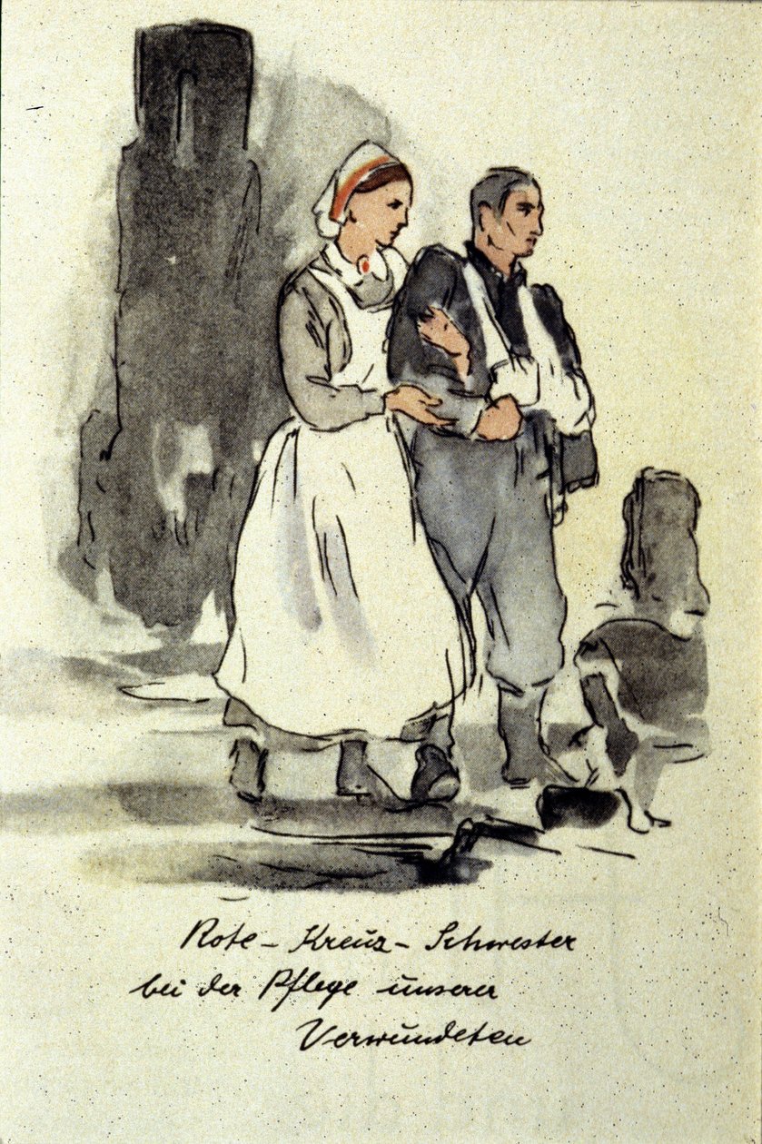 Uma enfermeira alemã a apoiar um homem ferido. 1942. de German School