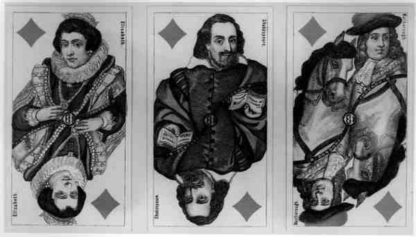 Cartas de jogar alemãs representando Elisabeth, Shakespeare e Marlborough de German School