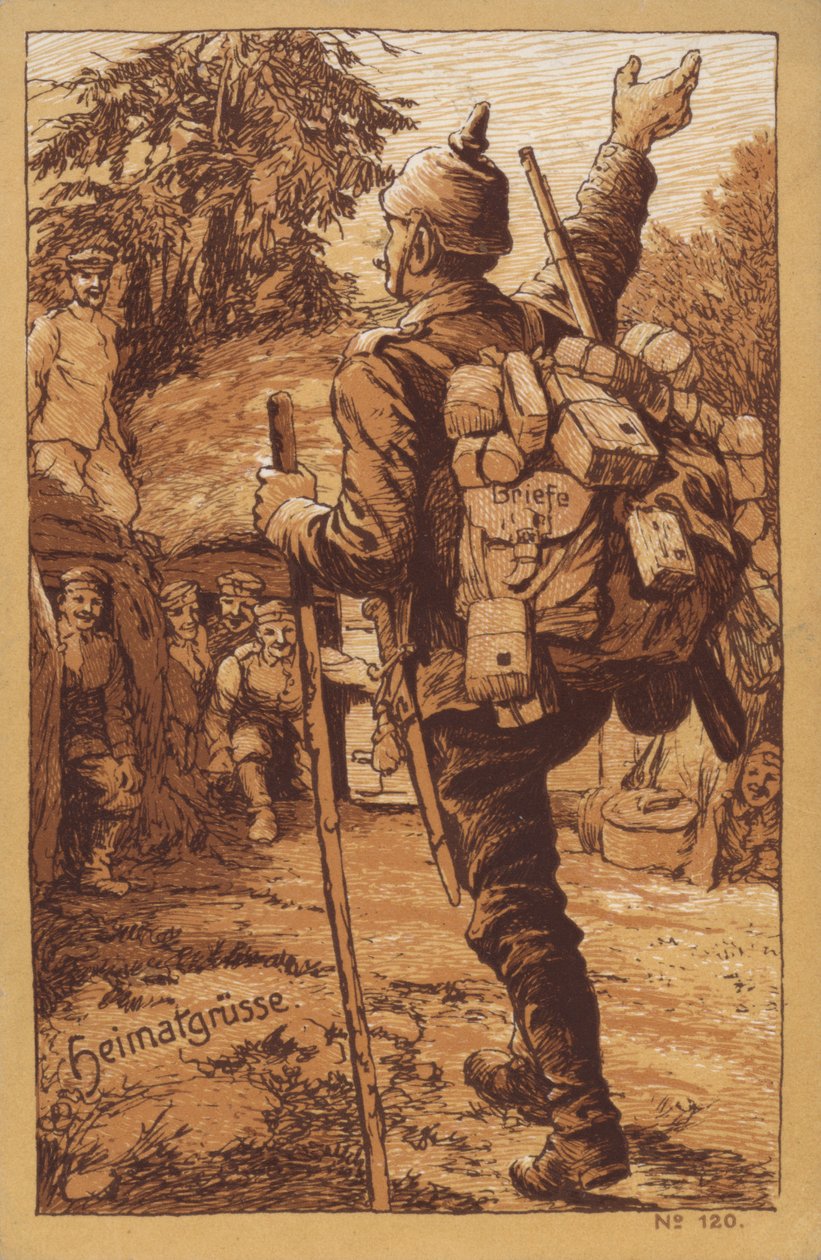 Soldado alemão com correio a ser recebido calorosamente quando regressa à sua unidade (litografia) de German School