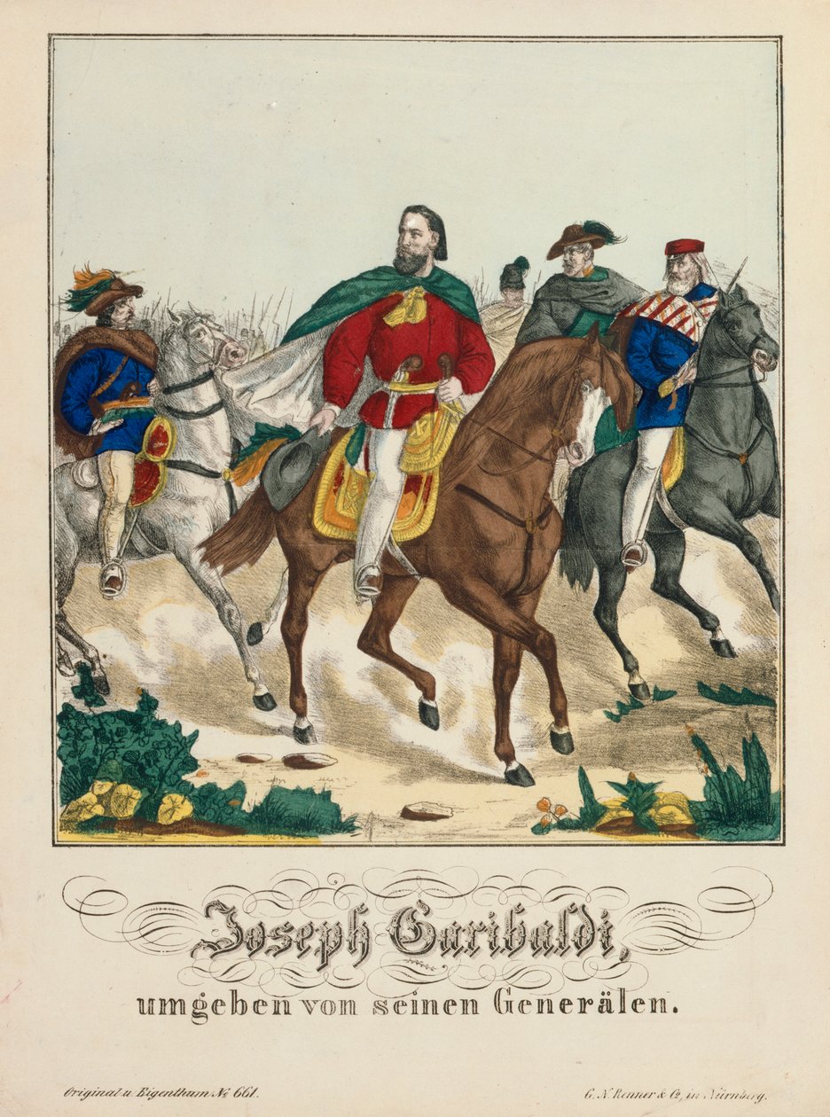 Giuseppe Garibaldi cercado por seus generais, publicado pela GN Renner, Nuremberg, 1866 de German School
