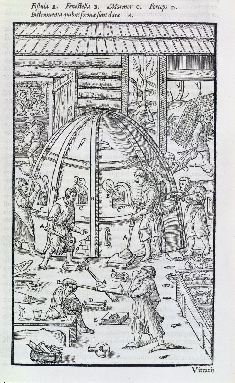 Vidrarias, ilustração mostrando a fornalha de mármore e sopradores de vidro (xilogravura) de German School