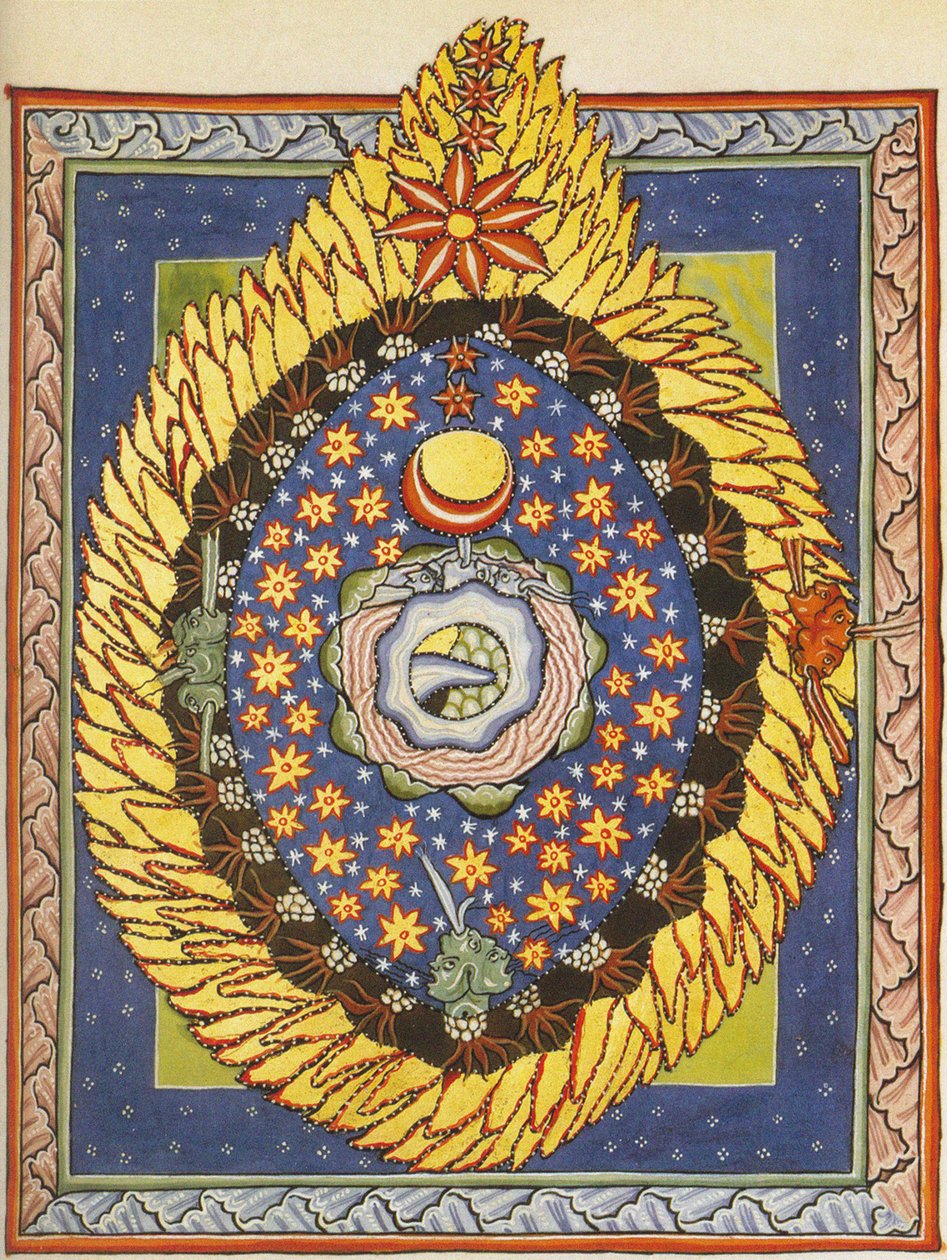 Deus, Cosmos, e Humanidade. Miniatura de Liber Scivias por Hildegard de Bingen, c.1175 (aguarela sobre pergaminho) de German School
