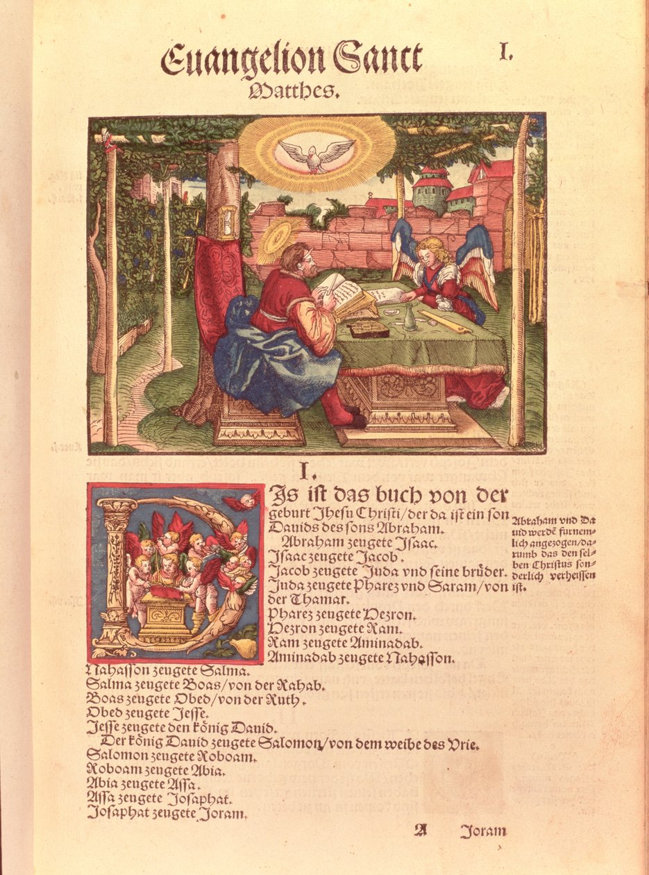 Evangelho de São Mateus, Livro I, da Bíblia de Lutero, c.1530 (xilogravura colorida) de German School