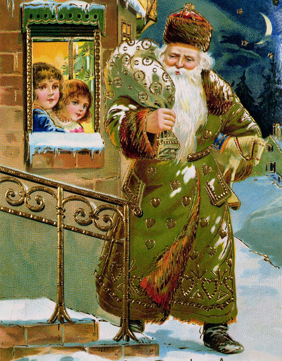 Pai Natal de manto verde, cartão alemão, c.1900 (impressão) de German School