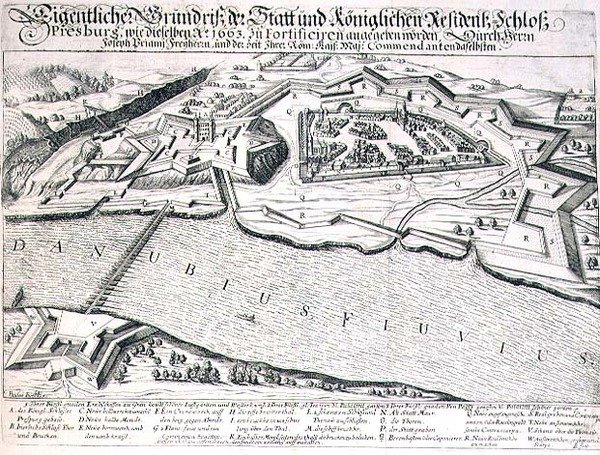 Planta baixa da cidade e do castelo de Pressburg e suas fortificações em 1663, ilustração de um livro sobre as campanhas otomanas na Europa, gravado por Paul Furst (c.1605-66) (gravura) de German School