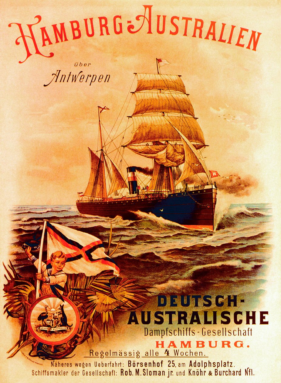 Hamburgo - Austrália, cartaz publicitário da Companhia Australiana de Navios a Vapor Alemã, 1889 de German School