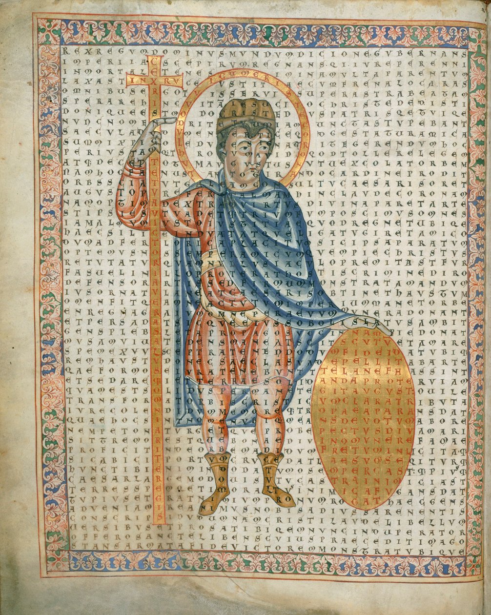 Harley 3045 fol.2 Imperador Luís I, o Piedoso, segurando uma cruz e escudo, de 