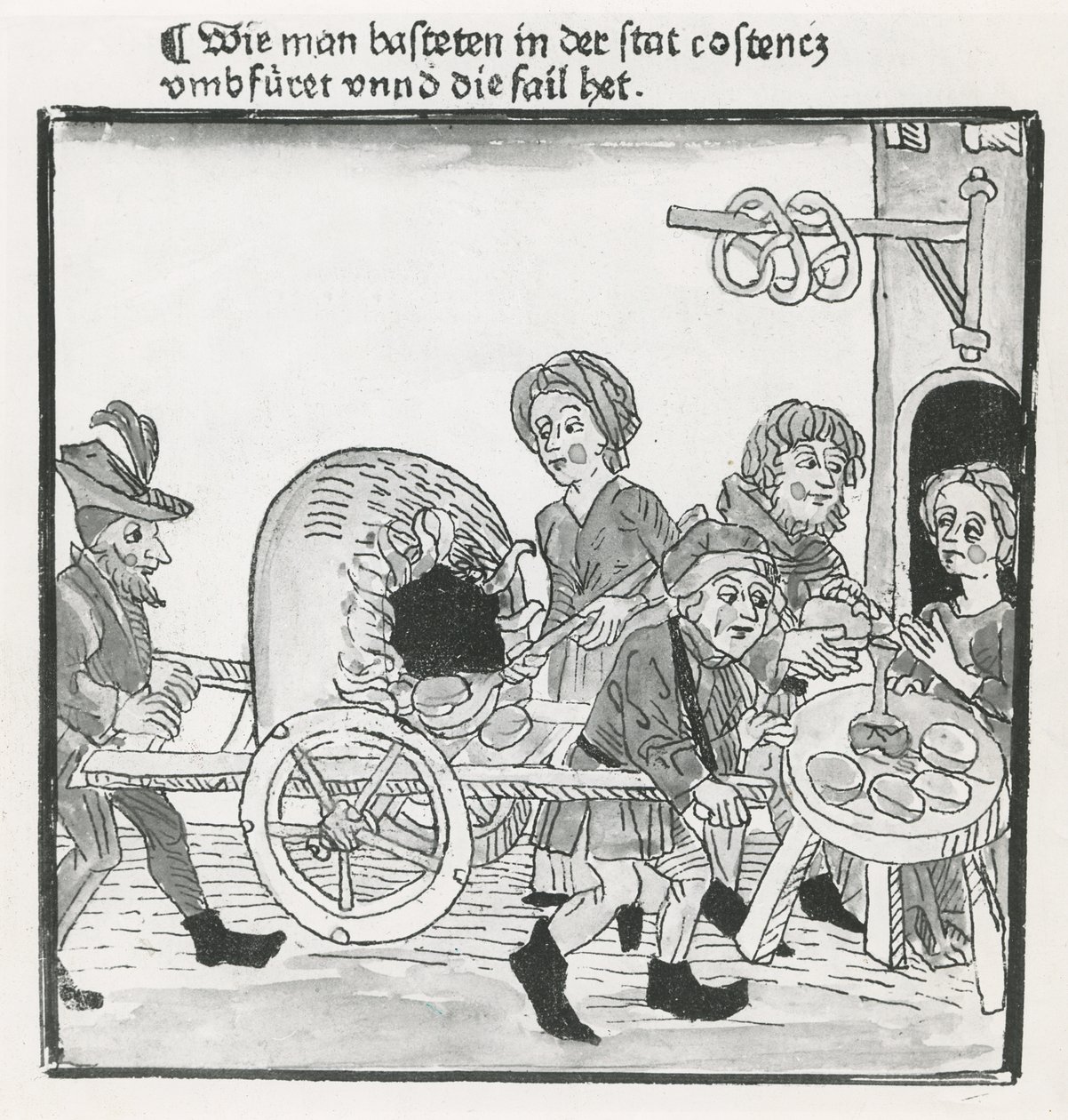 Vendedor ambulante de panquecas e pretzels, durante o Concílio de Constança em 1417, depois de um incunábulo, c.1485 (caneta e tinta no papel) de German School