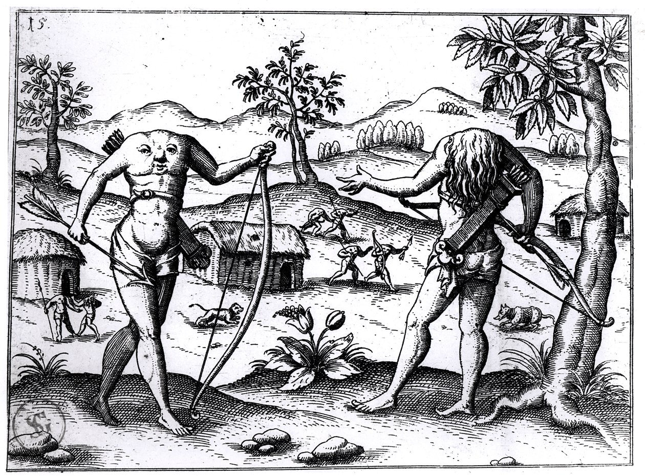 Homens e mulheres sem cabeça, ilustração do relato de Sir Walter Raleigh sobre a Guiana, publicado em Nuremberg, 1599 de German School