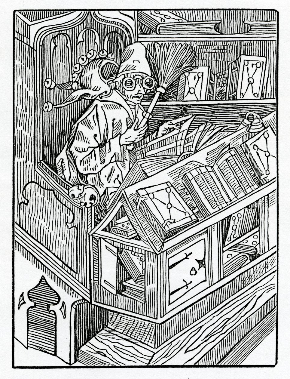 Aqui começam os foles e os primeiros inprofytable bokes, ilustração da tradução inglesa de Alexander Barclay de &39;The Ship of Fools&39;, de uma edição publicada em 1874. de German School