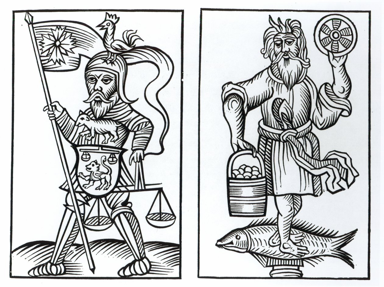 Hermensul ou Irmensul (à esquerda) e Crodon (à direita) ídolos dos antigos saxões, depois de uma xilogravura nos Annales Circuli Westphaliae, de Herman Stangefol, publicaram 1656 de German School