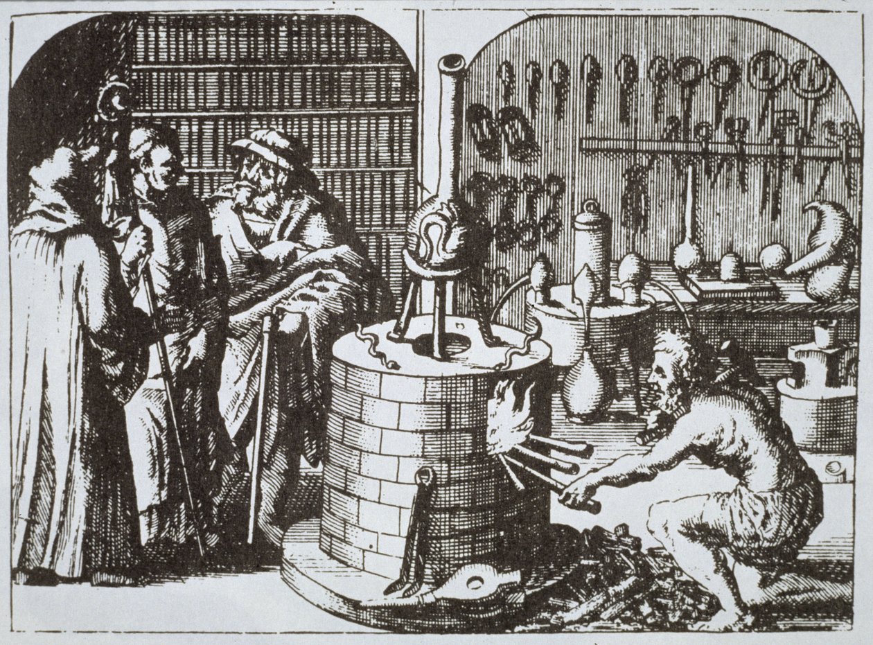 Filósofos herméticos e um alquimista, do Museu Hermeticum por Michael Majer (1625) ilustrado em uma história da magia publicada no final do século XIX de German School