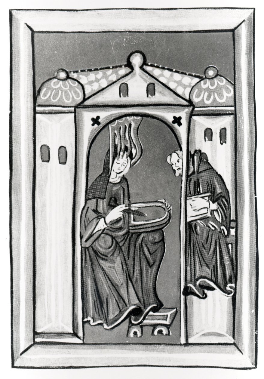 Hildegarda de Bingen recebendo a Luz do Céu, c.1151 (velino) (foto p - b) de German School