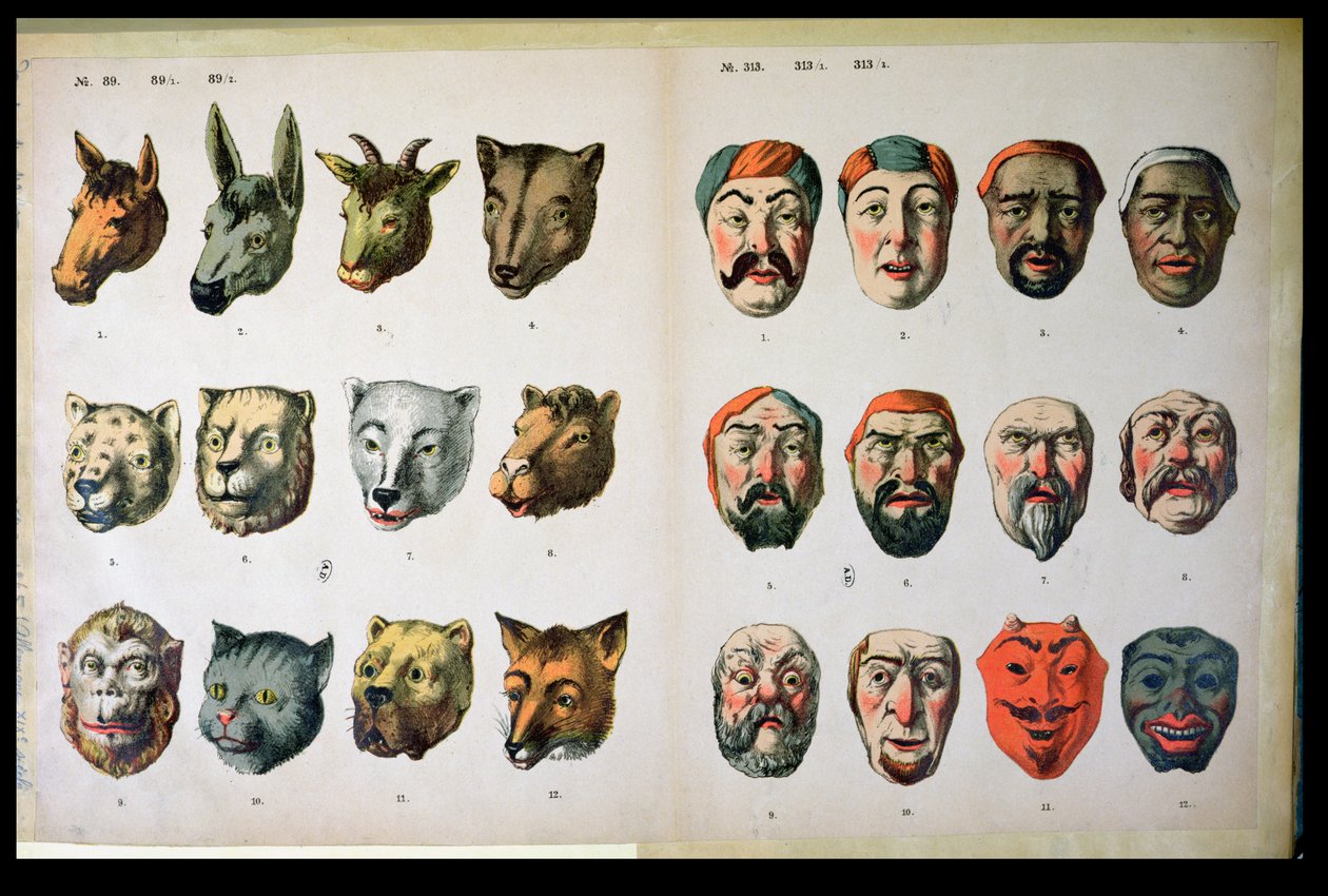 Máscaras de carnaval humanas e animais, página de um catálogo de fabricantes de Mannebach, Thuringe, Alemanha, c.1865 de German School