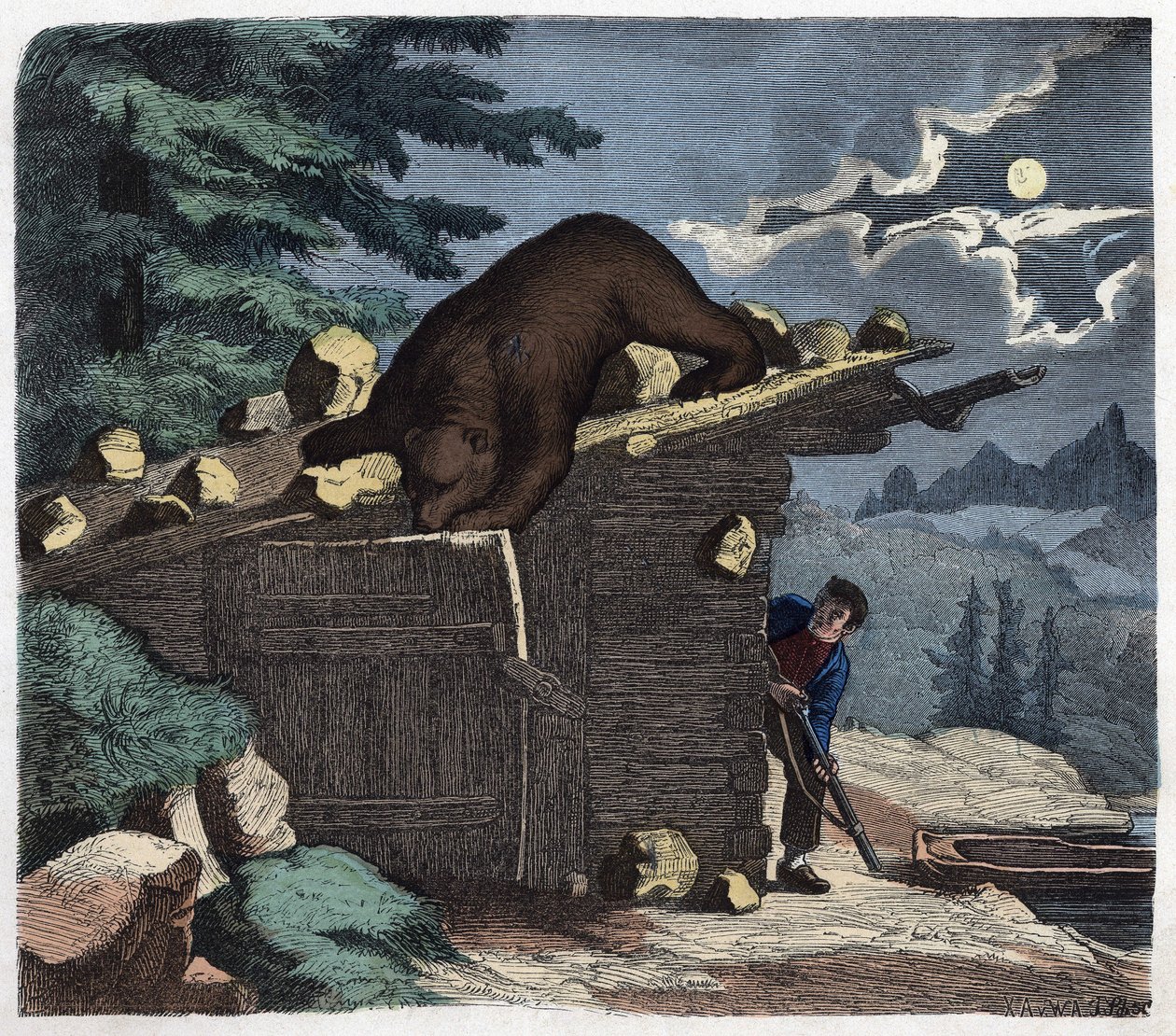 Caçador a querer matar o urso da floresta alpina. Em "Wenn Jemand eine Reise thut, so kann erzahlen" (Quando alguém viaja, isto é o que ele pode dizer), conto alemão de Franz Wiedemann de German School