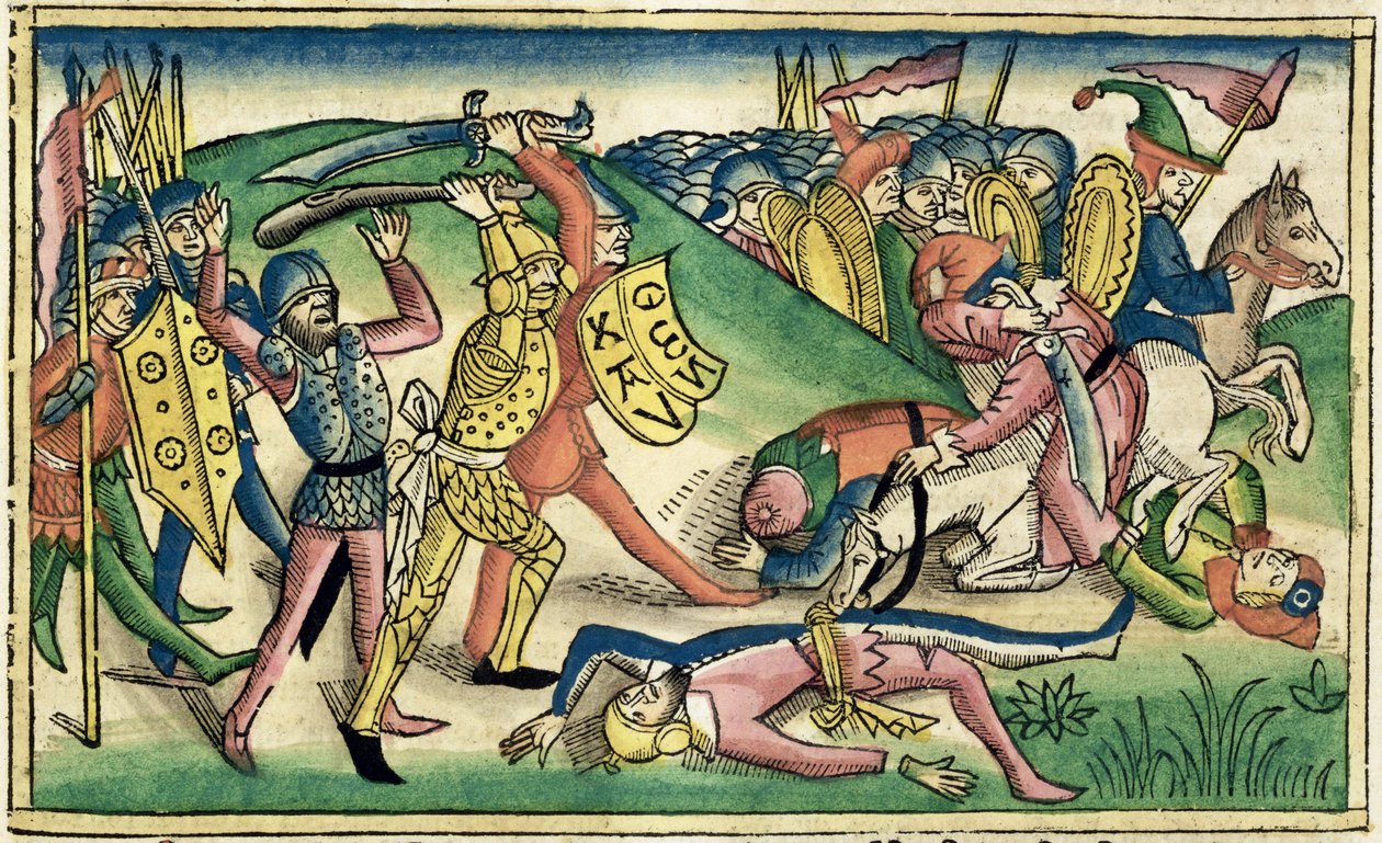 I Reis 15 16 Guerra entre Asa e Baasha, da Bíblia de Nuremberg (Biblia Sacra Germanaica) (xilogravura colorida) de German School