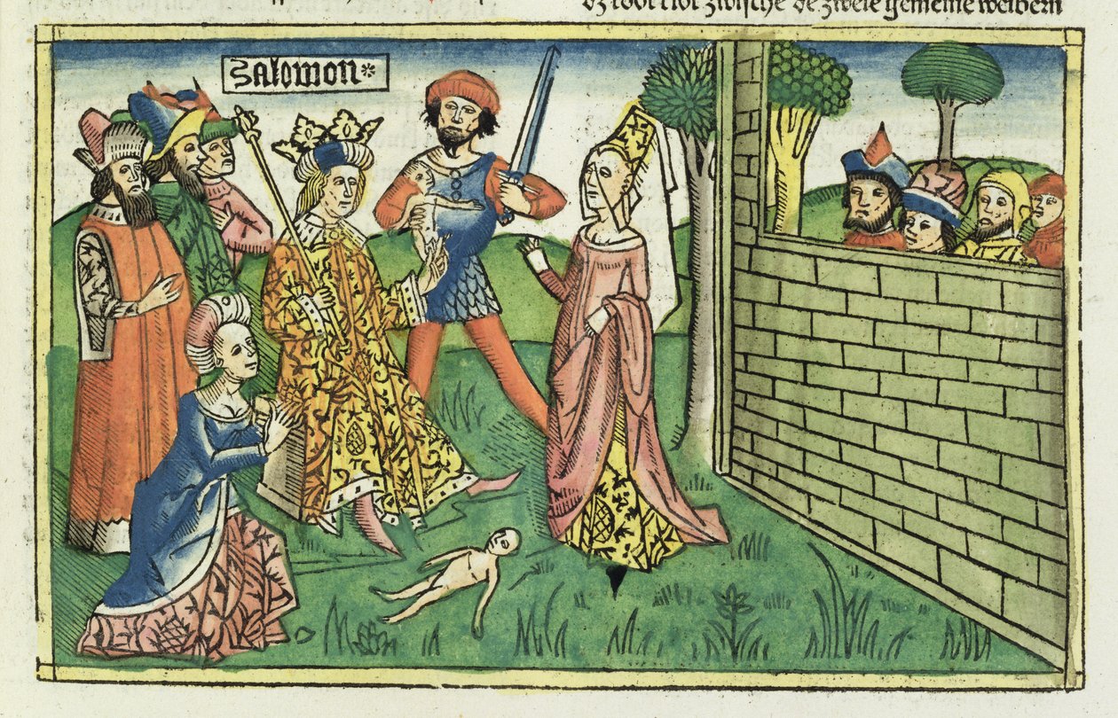I Reis 3 16-28 O julgamento de Salomão, da Bíblia de Nuremberg (Biblia Sacra Germanaica) (xilogravura colorida) de German School