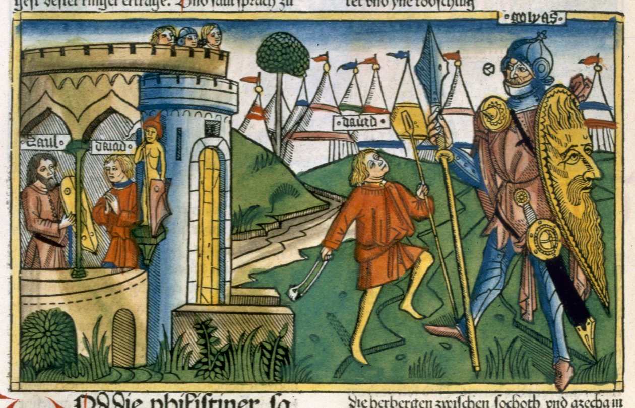 I Samuel 17 1-58 Davi derrota Golias e encontra Saulo, da Bíblia de Nuremberg (Biblia Sacra Germanaica) (xilogravura colorida) de German School