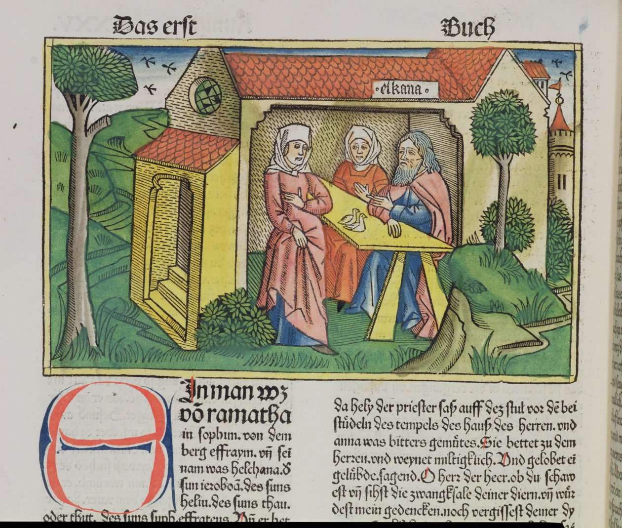 I Samuel 1: 8 Elkanah conforta Hannah, da Bíblia de Nuremberg (Biblia Sacra Germanaica) (xilogravura colorida) de German School