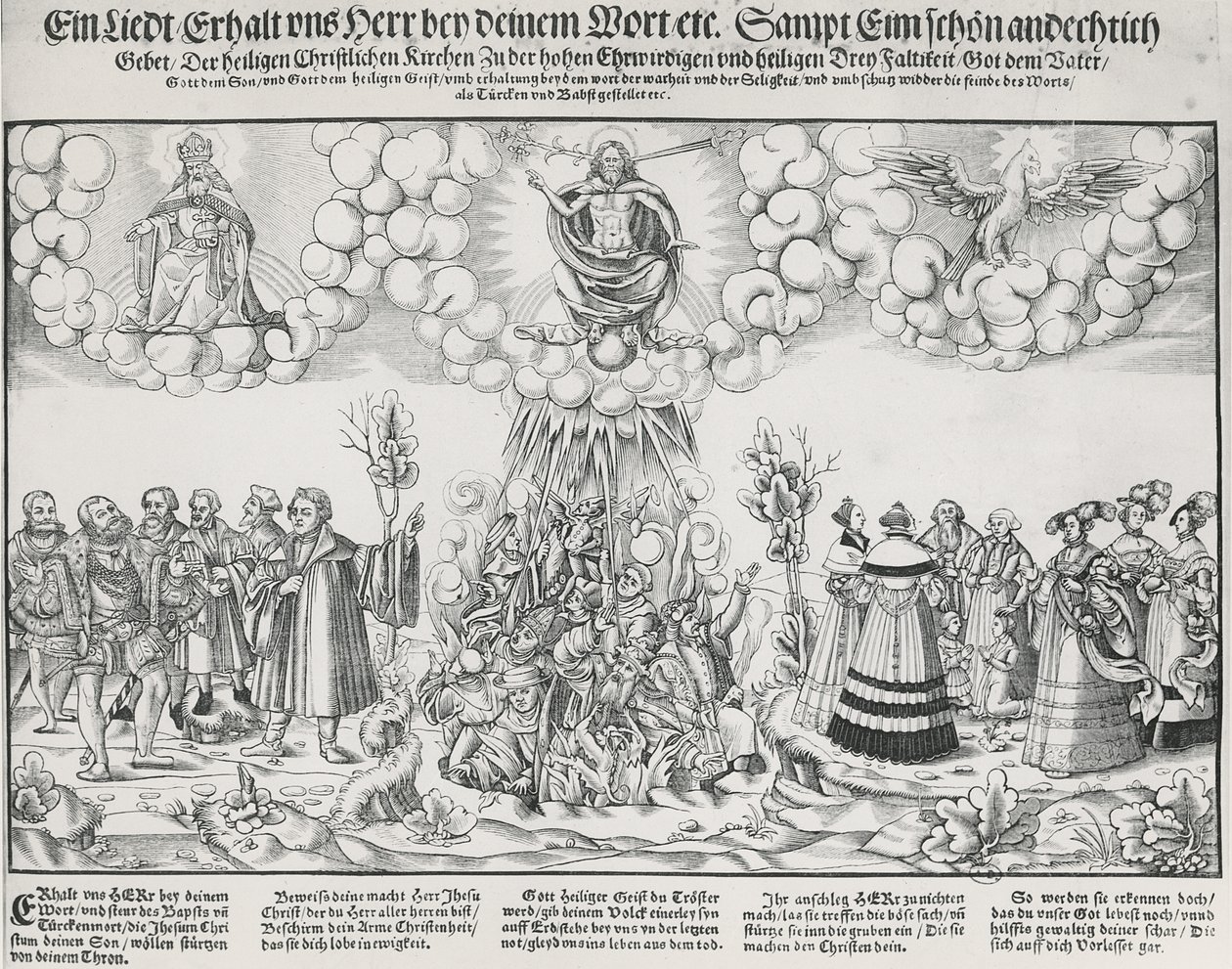 Ilustação do hino de Martinho Lutero pedindo a ajuda de Deus contra a obra mortal do Papa de German School