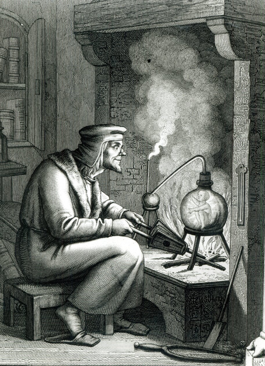 Ilustração de Goethes Faust retratando Mefistófeles criando um homúnculo, 1854 de German School