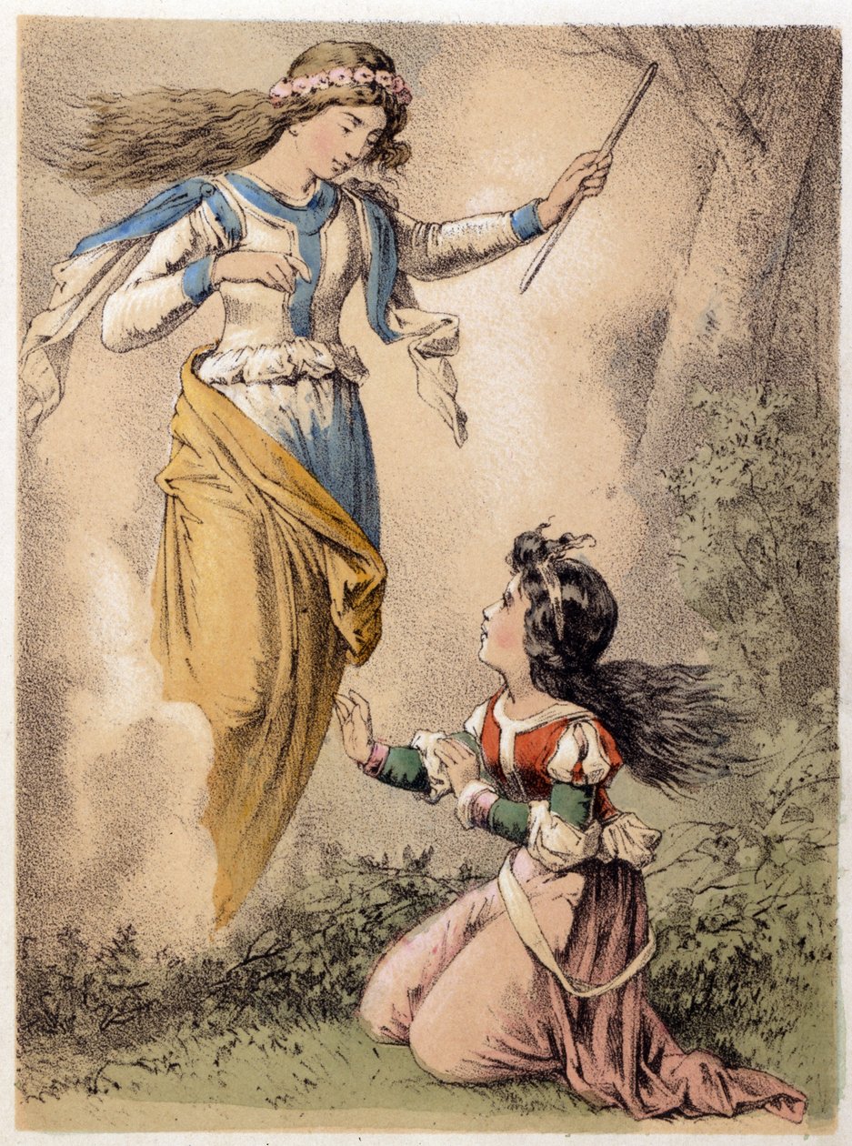 Ilustração dos contos de Franz Hoffmann "Contos e Fábulas - Os 3 Presentes": o desejo realizado por uma fada. Cromolitografia do século XIX. de German School