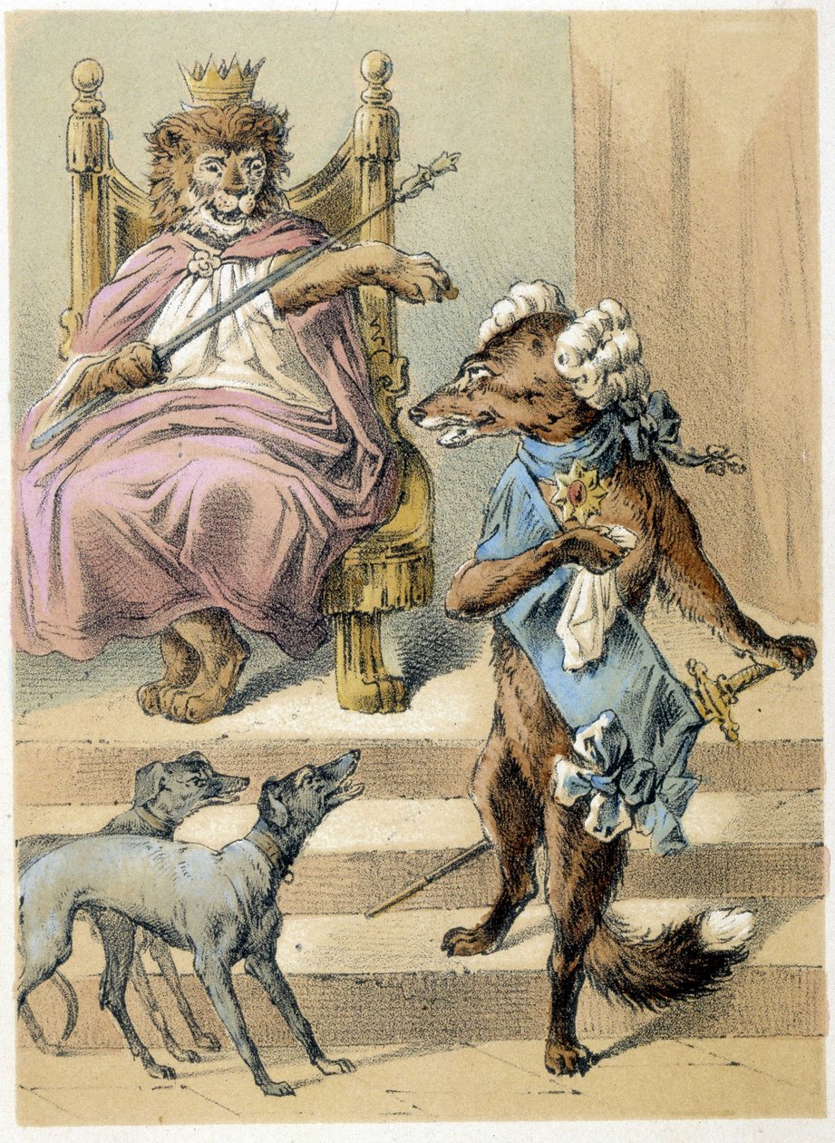 Ilustração dos contos de Franz Hoffmann "Contos e Fábulas - A Raposa": Uma raposa a falar perante o Rei Leão. Cromolitografia do século XIX. de German School