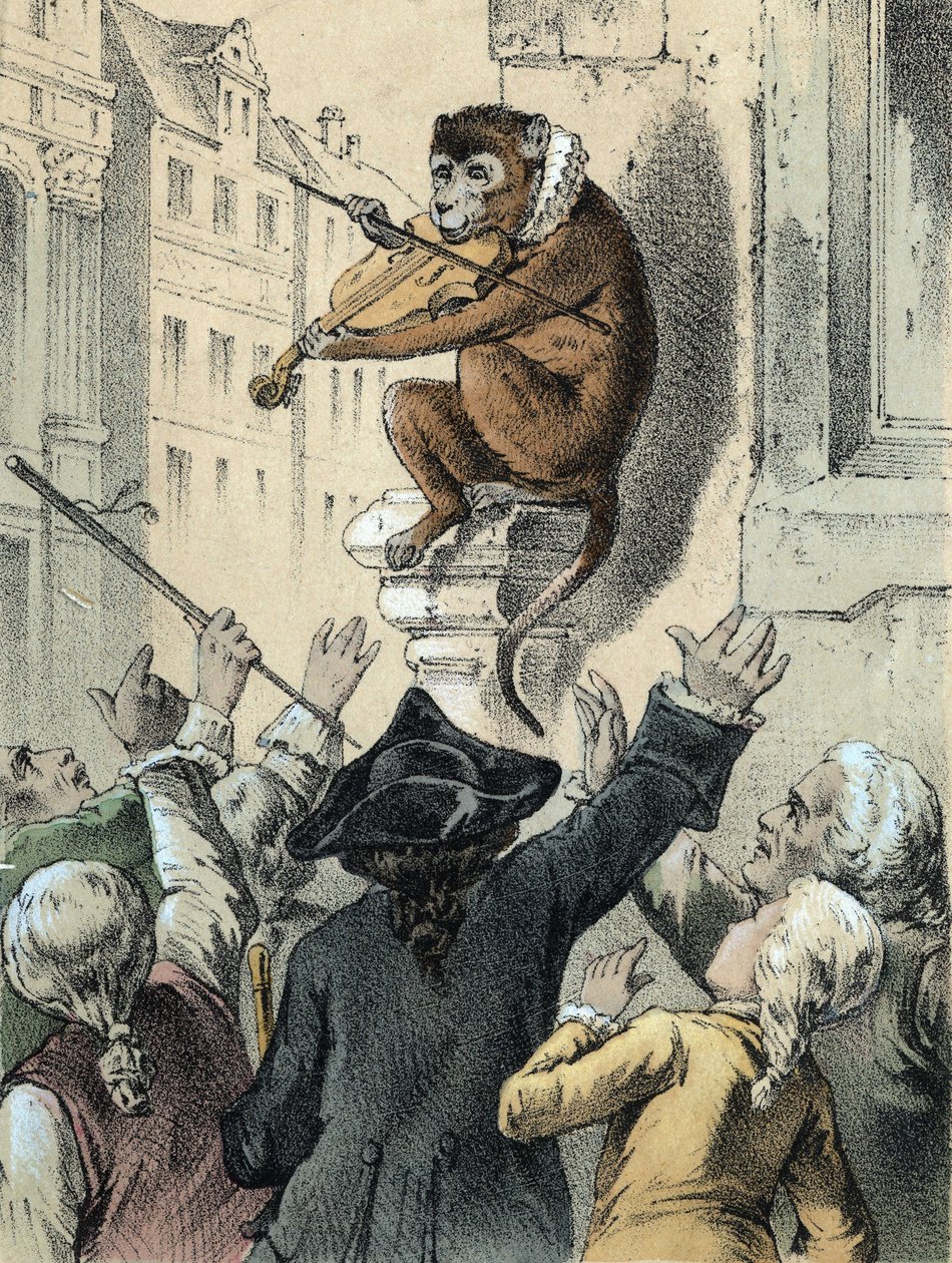 Ilustração dos contos de Franz Hoffmann "Contos e Fábulas - O macaco e o violino": um macaco tocando violino na frente de uma multidão. Cromolitografia do século XIX. de German School