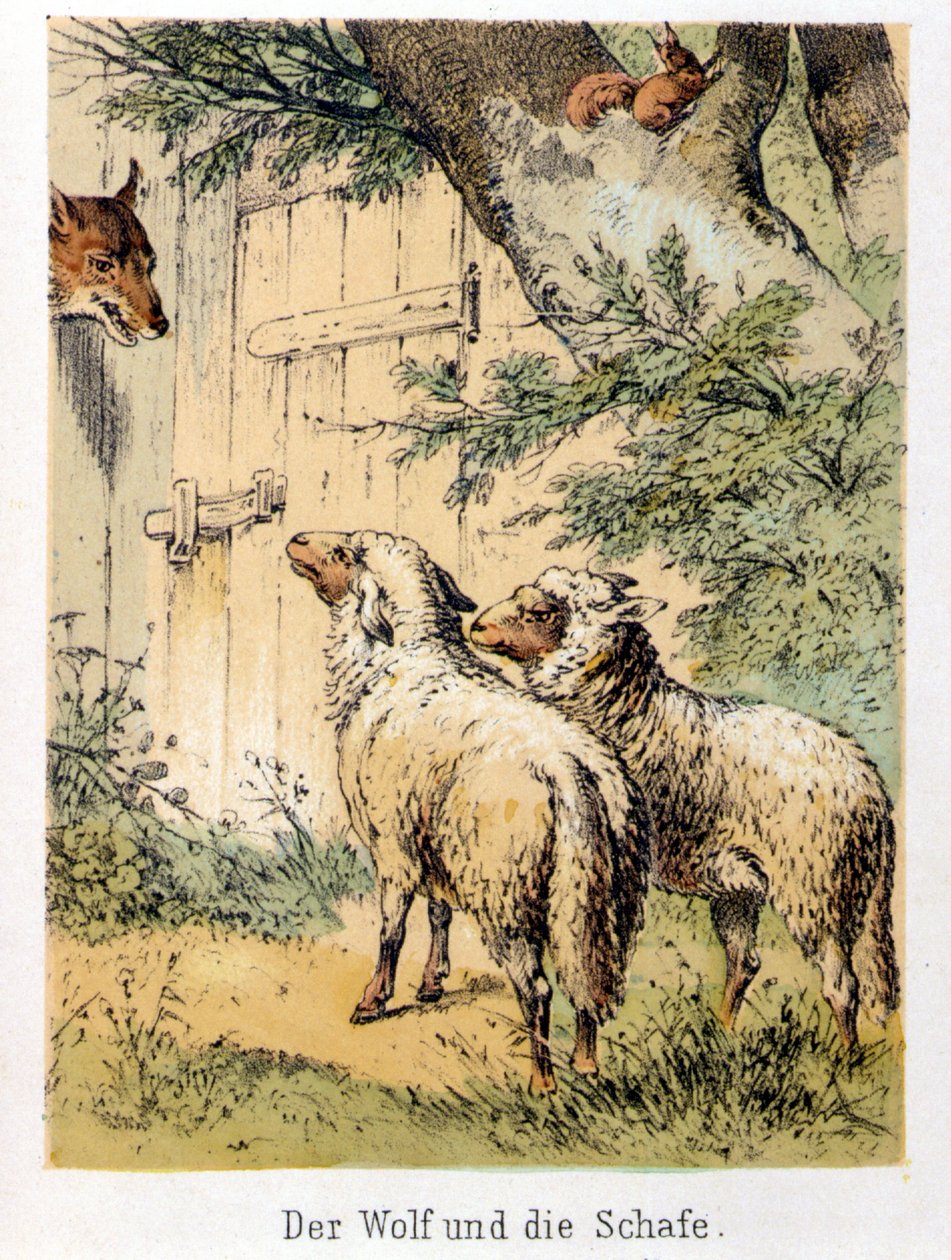 Ilustração dos contos de Franz Hoffmann "Contos e Fábulas - O lobo e as ovelhas": um lobo falando com as duas ovelhas. Cromolitografia do século XIX. de German School