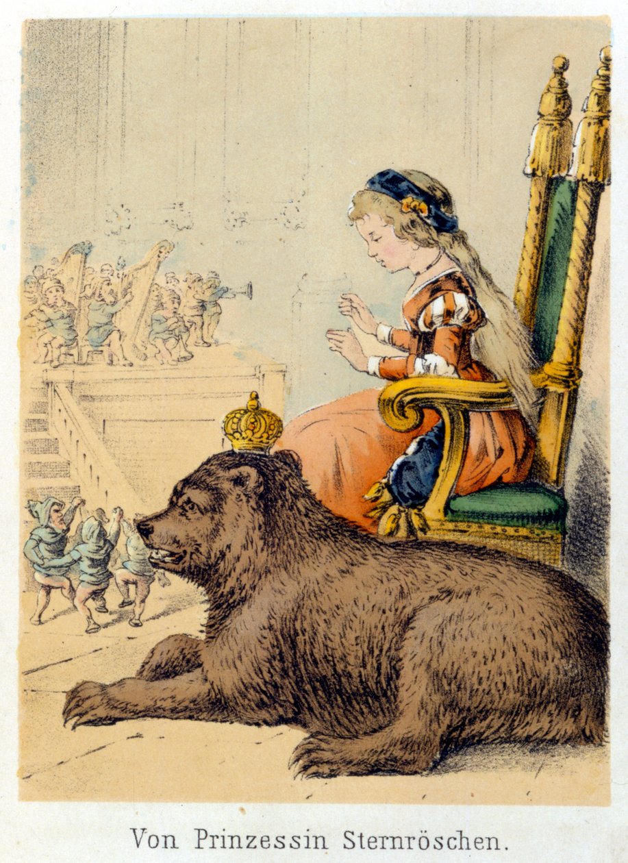 Ilustração dos contos de Franz Hoffmann “” Contos e Fábulas - Von Prinzessin Sternr¿schen ””: uma princesa ao lado de um rei urso. Cromolitografia do século XIX. de German School
