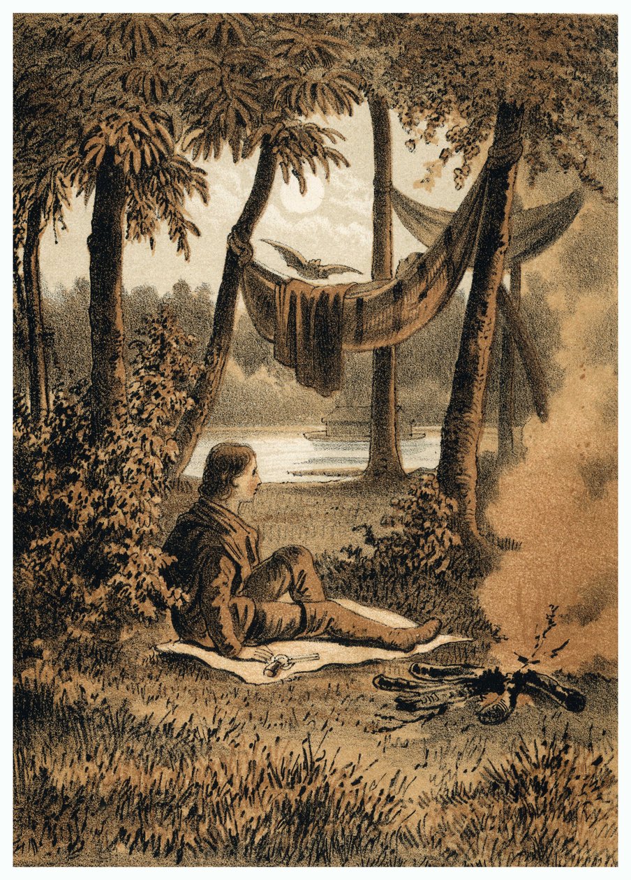 Ilustração da conquista do rio Amazonas por europeus, instalação de um acampamento perto do rio. em "De Bootslieden der Amazon-river", Karl Muller, Holanda de German School