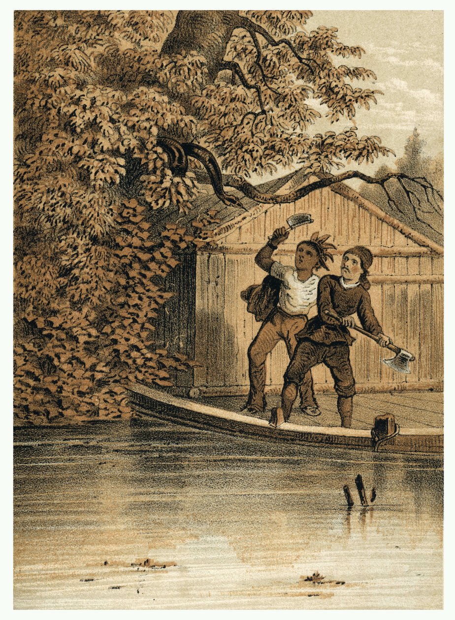 Ilustração da conquete do rio Amazonas por europeus. in "De Bootslieden der Amazon-River", Karl Muller, Holanda de German School
