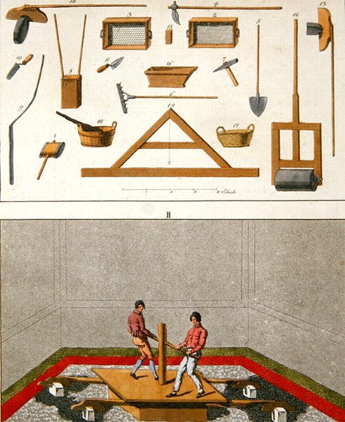 Ilustração de ferramentas e operários que assentam um piso, da 