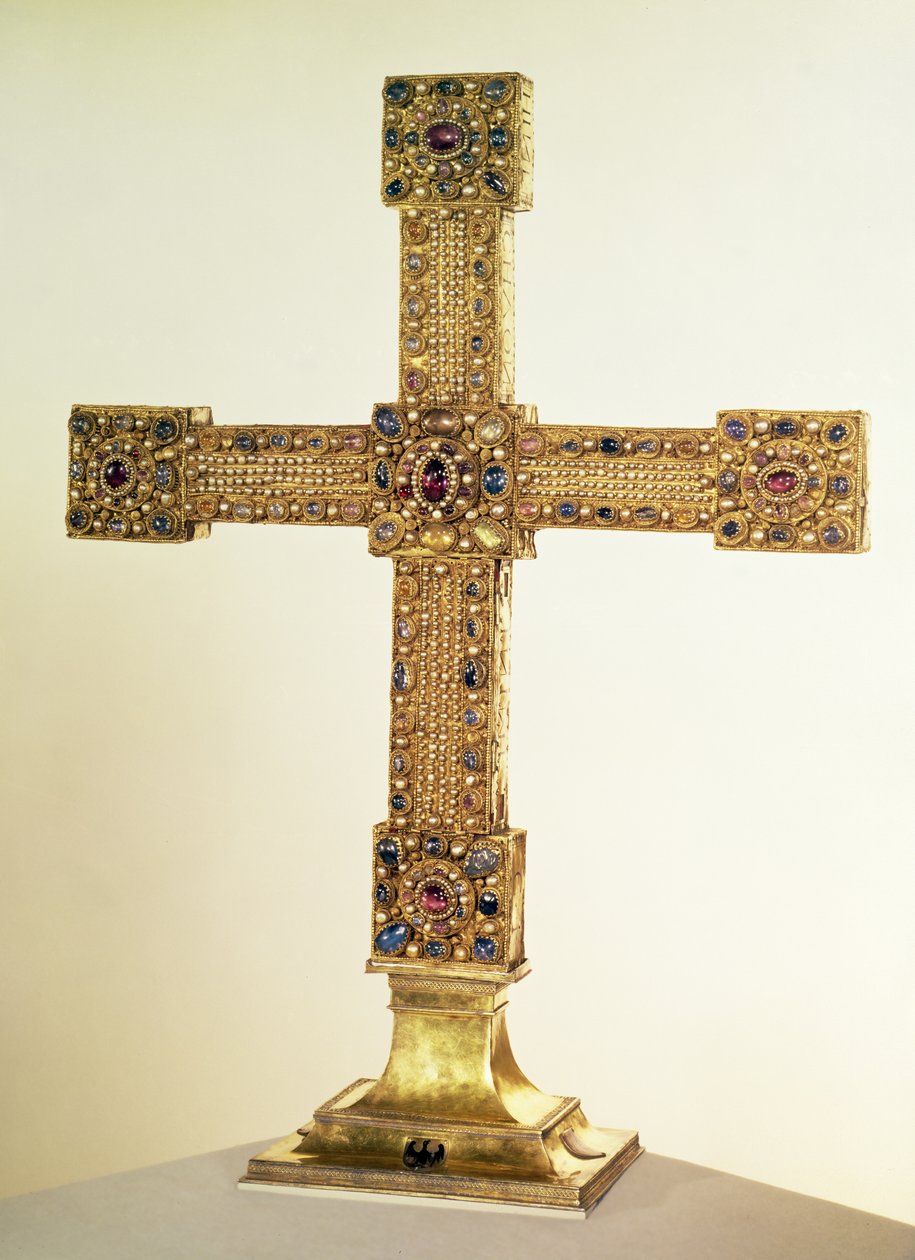 Cruz Imperial do Sacro Império Romano feita de carvalho coberto de placas de ouro e decorada com pérolas e pedras preciosas, da Alemanha Ocidental, 1024-25 (carvalho, ouro, pedras preciosas e pérolas) de German School