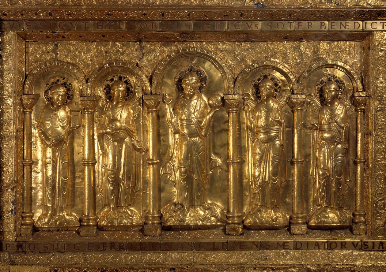 Diante do altar da Catedral de Bale ao redor do Cristo Banqueiro, os três arcanjos (Miguel, Gabriel e Rafael) e São Bento de Nursie, e a seus pés, o Imperador Henrique II disse o Santo (973-1024) e o Imperador Cunegundes (975-103) de German School