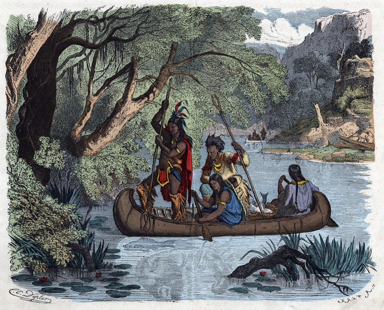Índios pescando a bordo de uma canoa em um rio na América. Em "Wenn Jemand eine Reise thut, so kann erzahlen" (Quando alguém viaja, isto é o que ele pode dizer), conto alemão de Franz Wiedemann de German School
