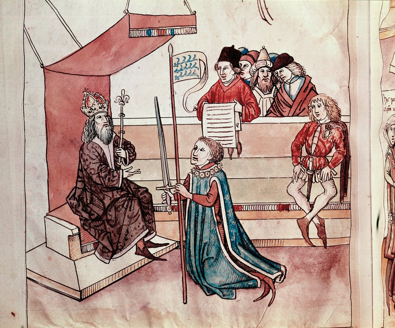 A investidura de um cavaleiro. Miniatura de "Chronicles of the Council of Constance" de Ulrich Richental (1360-1437) 1438 aproximadamente Praga, biblioteca nacional de German School