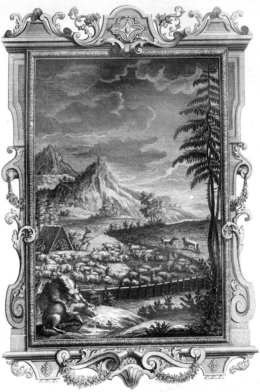 Jacó, o fiel pastor, protegendo seu rebanho de ovelhas do ataque de lobos, 1731 (gravura em chapa de cobre) de German School