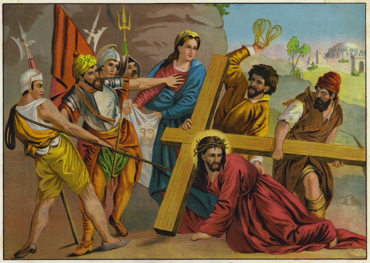 Jesus caindo sob o peso da sua cruz a caminho da crucificação (litografia a cores) de German School