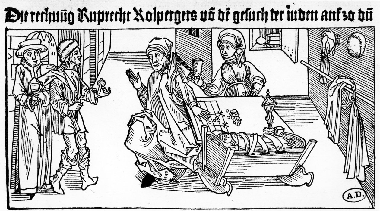 Prestamista judeu com sua família recebendo clientes, 1491 (gravura em madeira) de German School