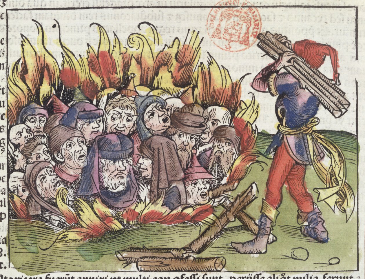 Judeus queimados na fogueira, do Nuremberg Chronicle de Hartmann Schedel (1440-1514), 1493 (xilogravura a cores) de German School