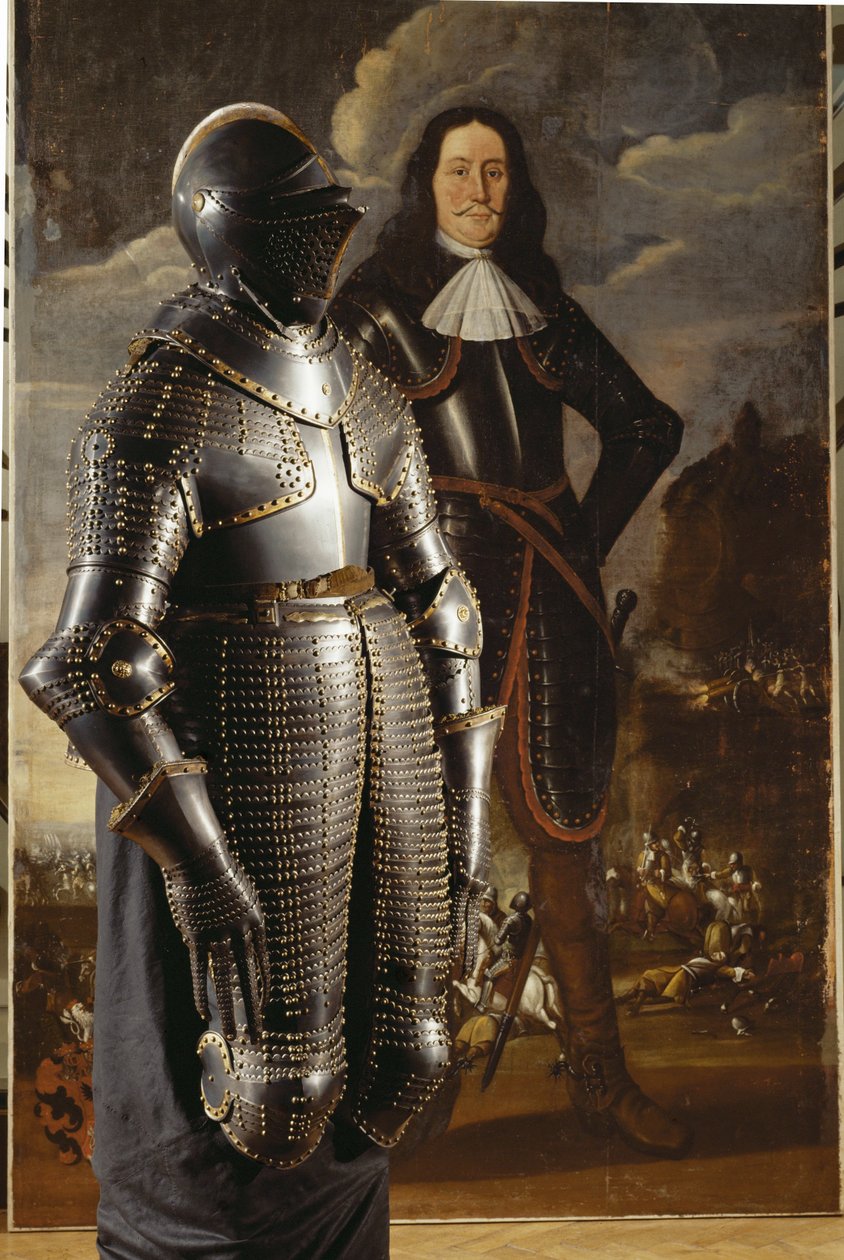 Johann Count Sporck, com a sua armadura de 36 kg em frente ao seu retrato ... de German School