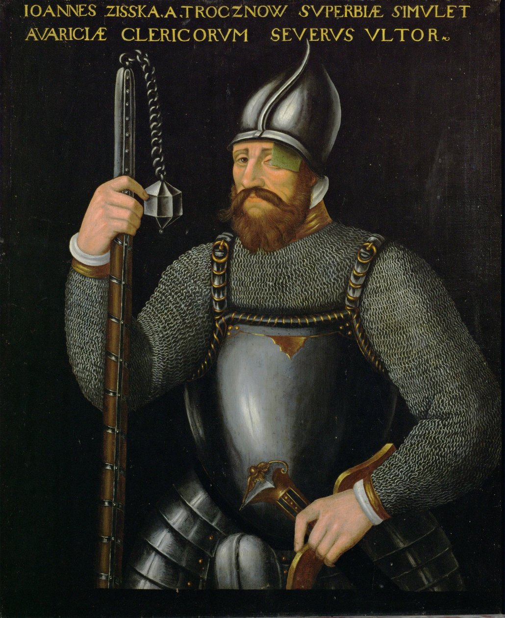 Johann Ziska von Trocnov, líder dos Hussitas e Taboritas da Boémia, que venceu duas batalhas contra exércitos imperiais em 1420 e 1422 ... de German School