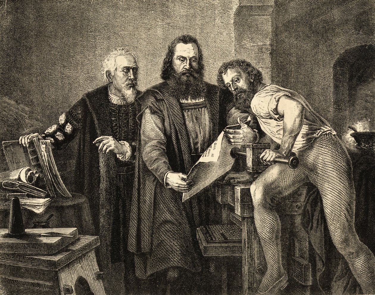 John Faust (c.1400-66) John Gutenberg (1400-68) e Peter Schoeffer (c.1425-1503) de German School