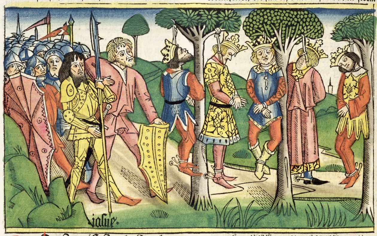 Josué 10 16-27 A Execução dos cinco Reis, da "Bíblia de Nuremberga (Biblia Sacra Germanaica)" (xilogravura colorida) de German School
