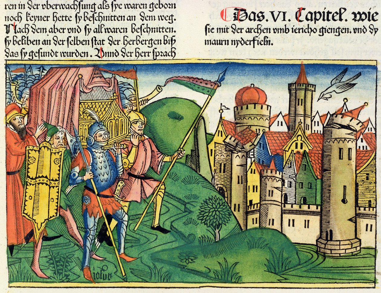 Josué 6 4-21 A Queda de Jericó, da Bíblia de Nuremberg (Biblia Sacra Germanaica) (xilogravura colorida) de German School